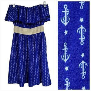 Juniors' Ocean Drive Cobalt Blue Anchor Motif Ruffled Nautical Strapless Dress